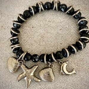 Beach Bohemian Metal Charm Black Onyx Bead Bracelet
